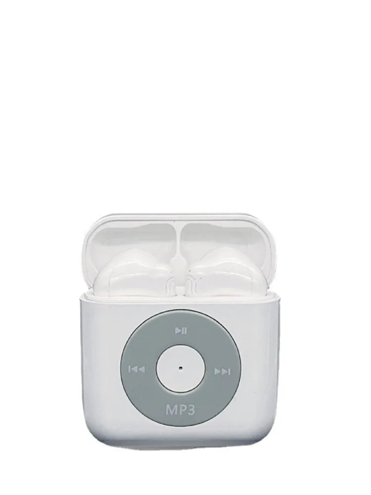 White wireless Bluetooth earphones with a charging case on a white background.