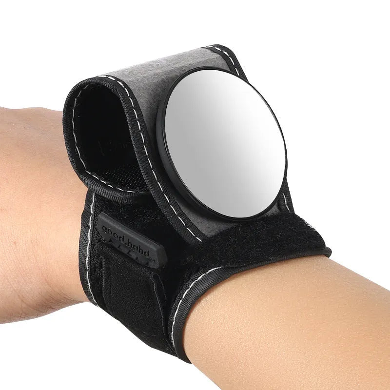 Black nylon bicycle rear-view mirror for wrist mounting during cycling