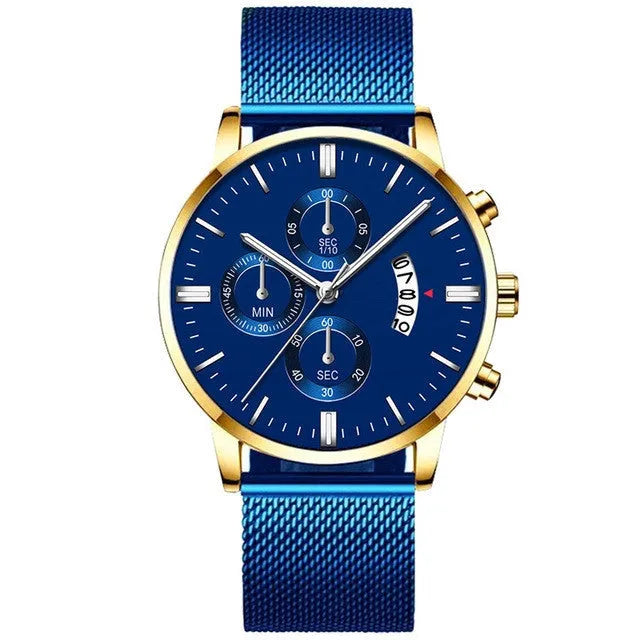 Men's stainless steel mesh band quartz watch with analogue dial and decorative subdials.