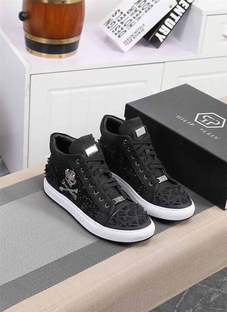 Men's black high top skeleton shoes with genuine leather upper and lace-up closure