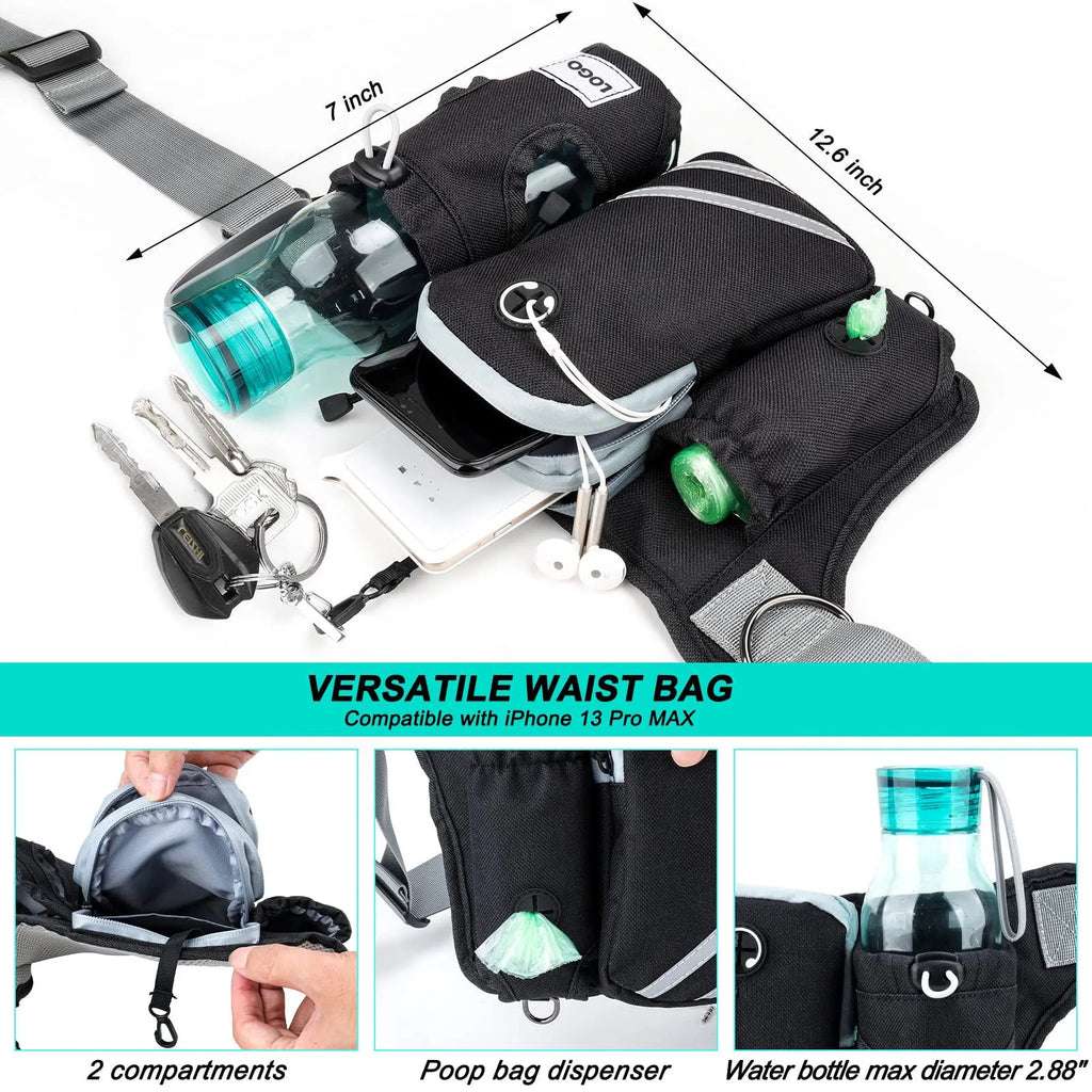 Black nylon outdoor dog walking waist bag and leash set for hands-free pet training