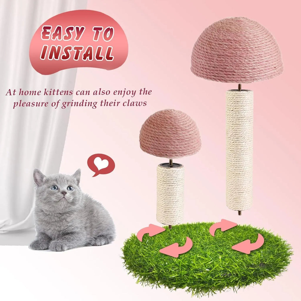Pink mushroom-shaped cat scratching post with sisal-covered pole and caps on a sturdy base.