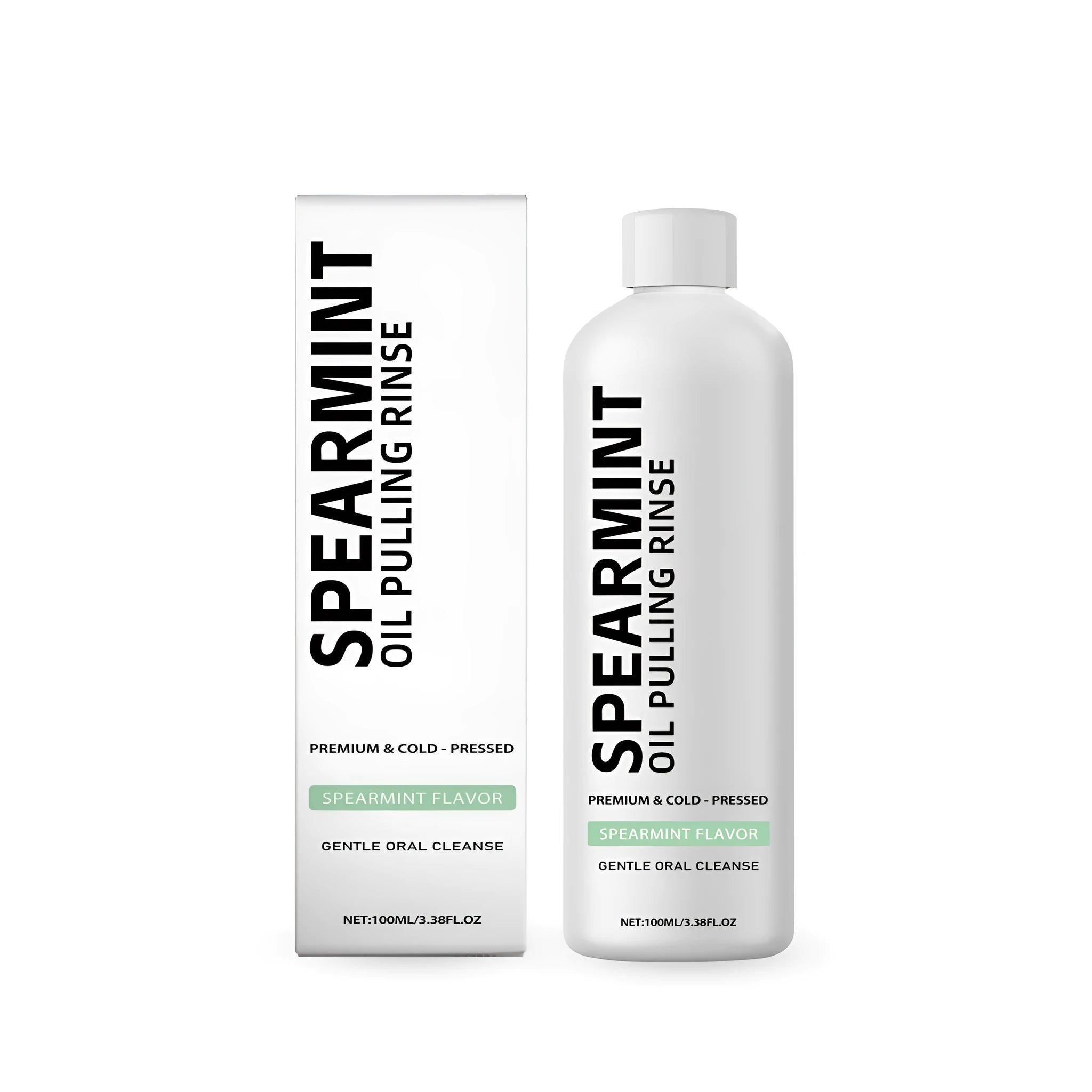 100 ml bottle of spearmint oil pulling rinse mouthwash with natural extracts