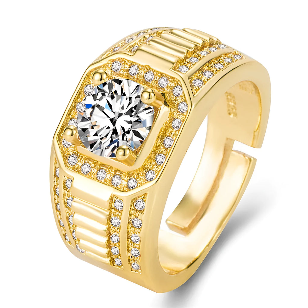 Large square diamond design on an adjustable copper men's ring with a gold or platinum finish.