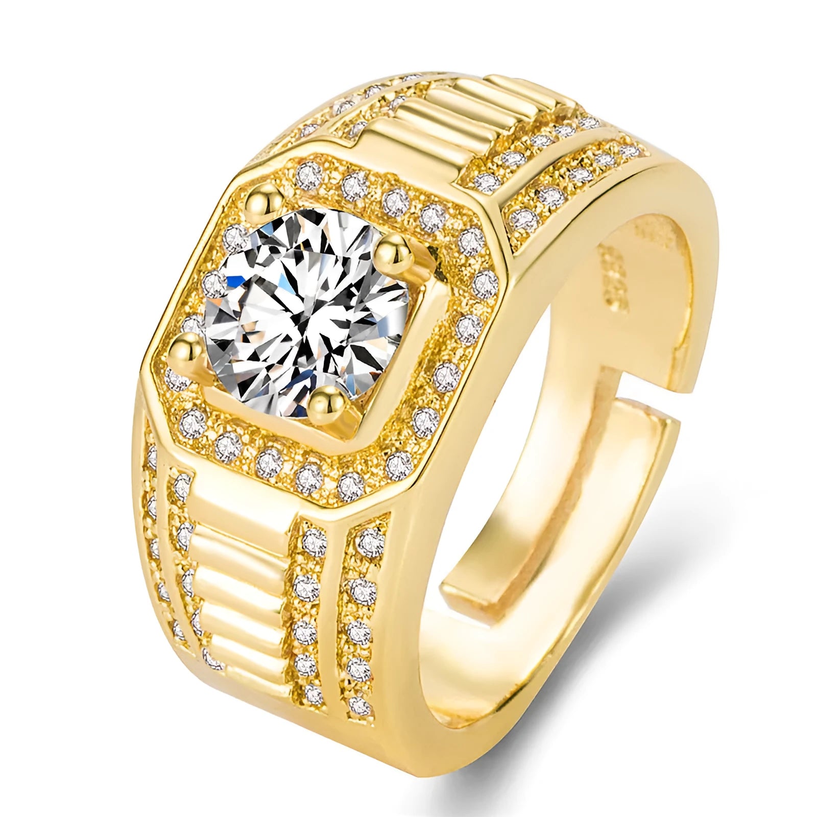 Large square diamond design on an adjustable copper men's ring with a gold or platinum finish.