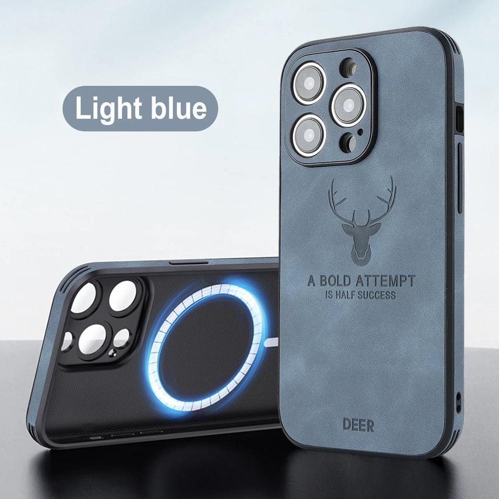iPhone 16 magnetic charging case with a 3D embossed brown moose head design on black imitation leather.