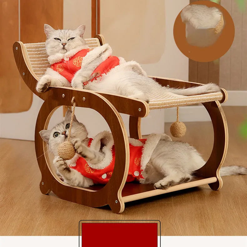 Solid wood cat bed with woven sisal scratching surface in wood colour finish