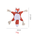 Brown fox-shaped plush dog toy with embroidered eyes, cotton rope limbs, and squeaker crinkle features.