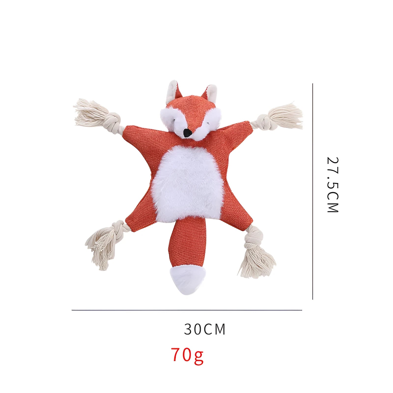 Brown fox-shaped plush dog toy with embroidered eyes, cotton rope limbs, and squeaker crinkle features.