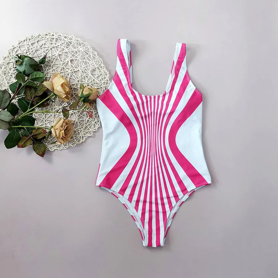 Women's pink striped one-piece swimsuit with front and rear digital printing alignment