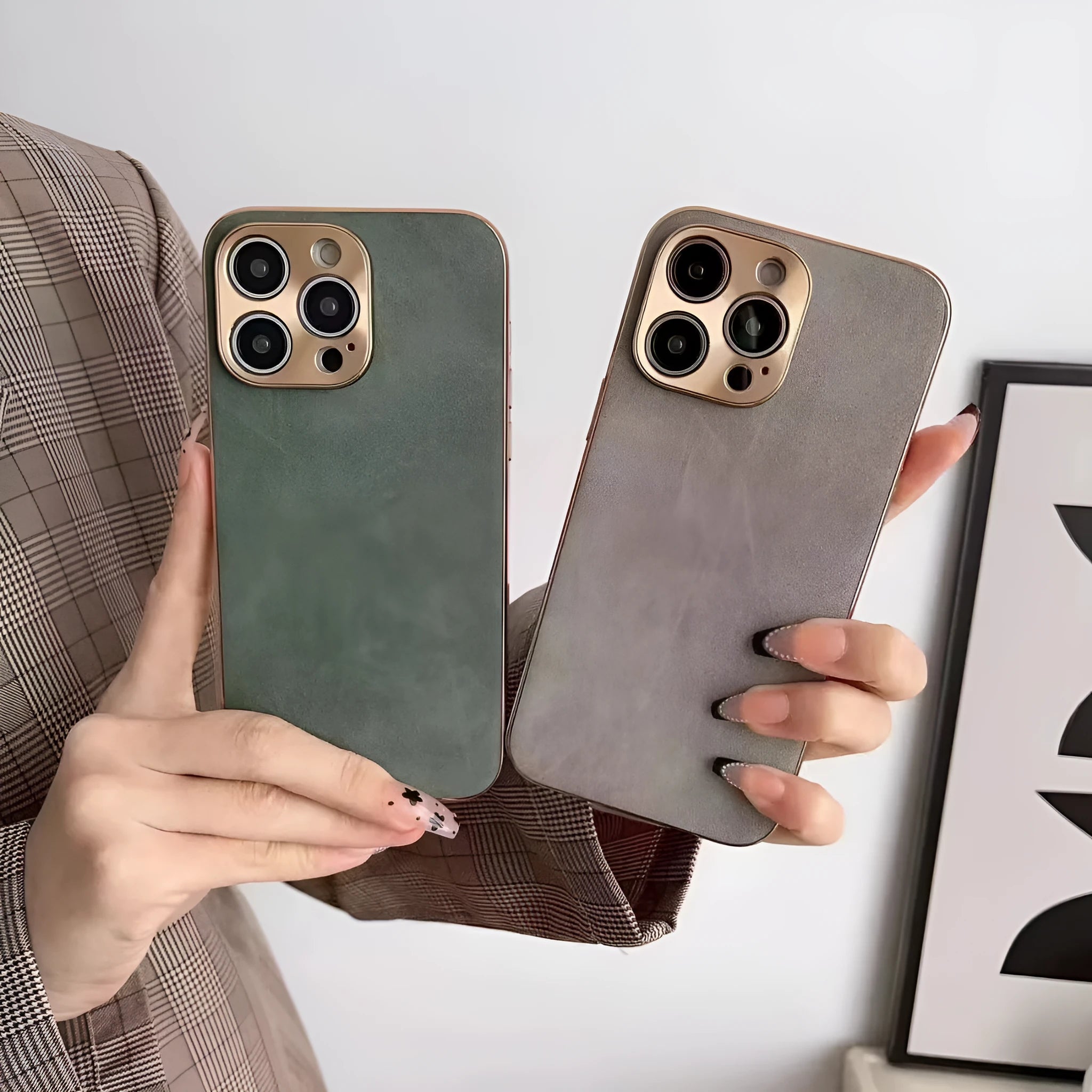 Leather texture TPU phone case for iPhone in solid grey, black, grey-green, and blue colours