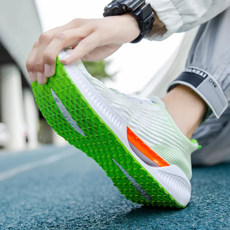 Men's blue breathable mesh casual shoes with round toe and plastic sole on a white background.