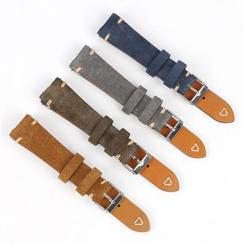 Genuine suede leather watch strap in brown, blue, grey, and army green for 20mm and 22mm watches.