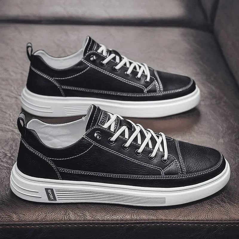 Men's white casual shoes with round toe, low heel, and shallow opening made from breathable PU material