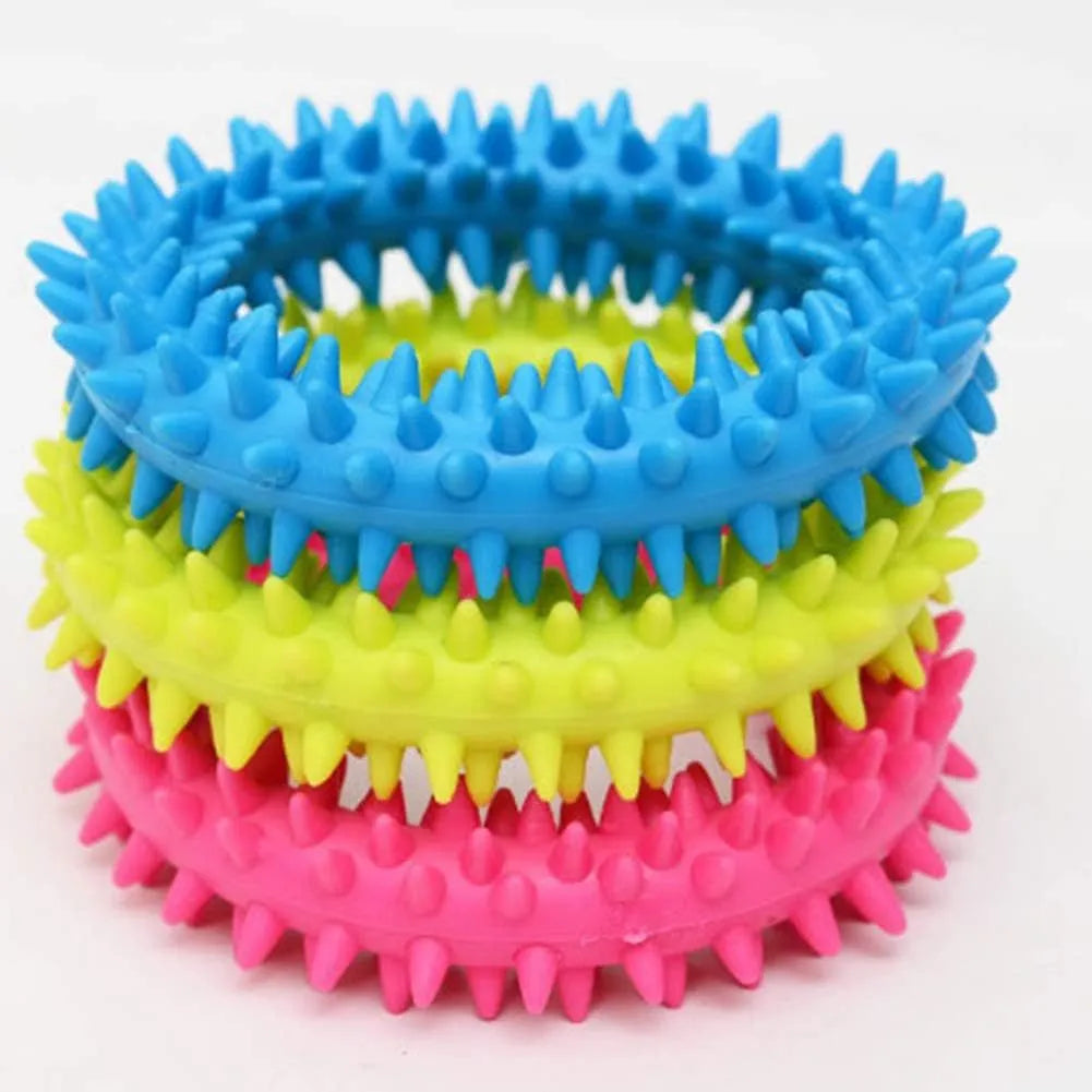 Blue TPR spiky circle ring dog chew toy for dental cleaning and bite training