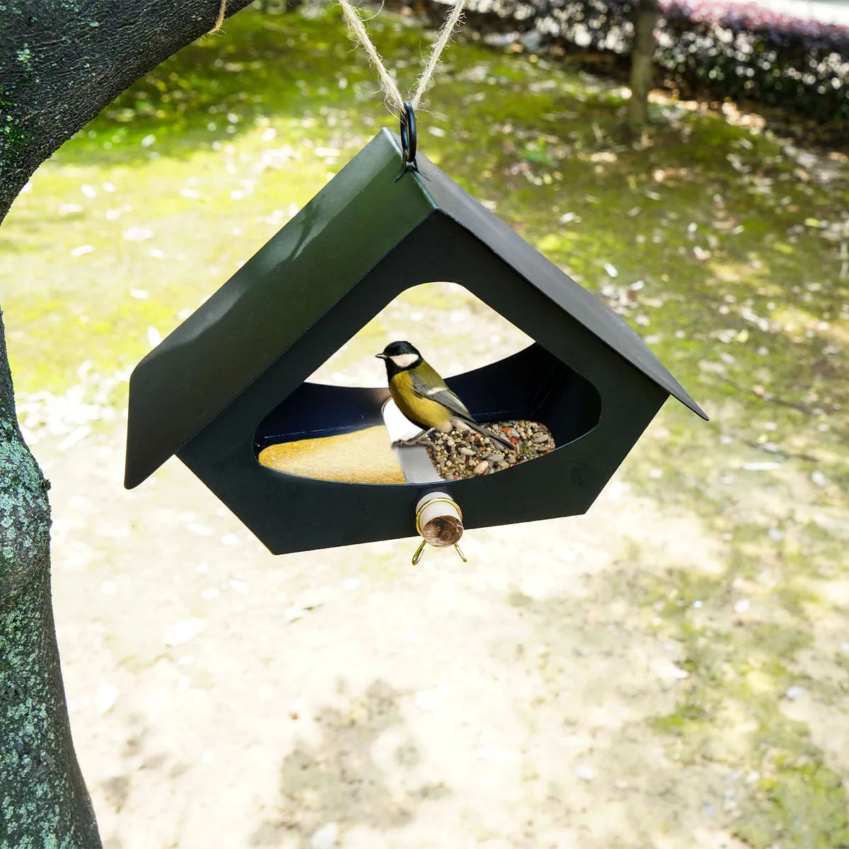 European-style simple iron bird feeder with anti-rain roof for garden hanging.