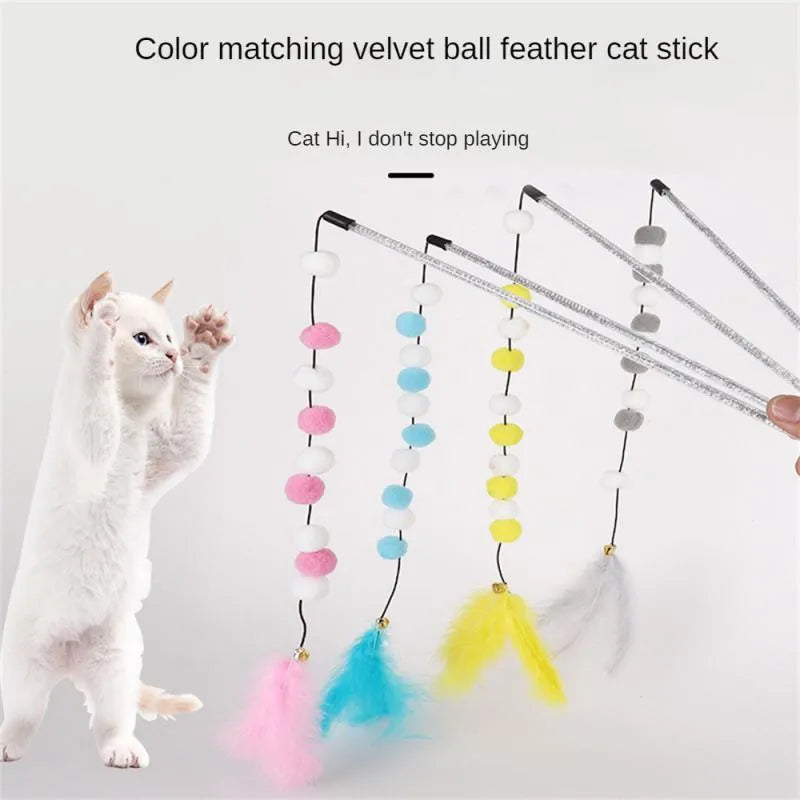 31cm cat teaser interactive toy rod with bell and colourful pompon feathers