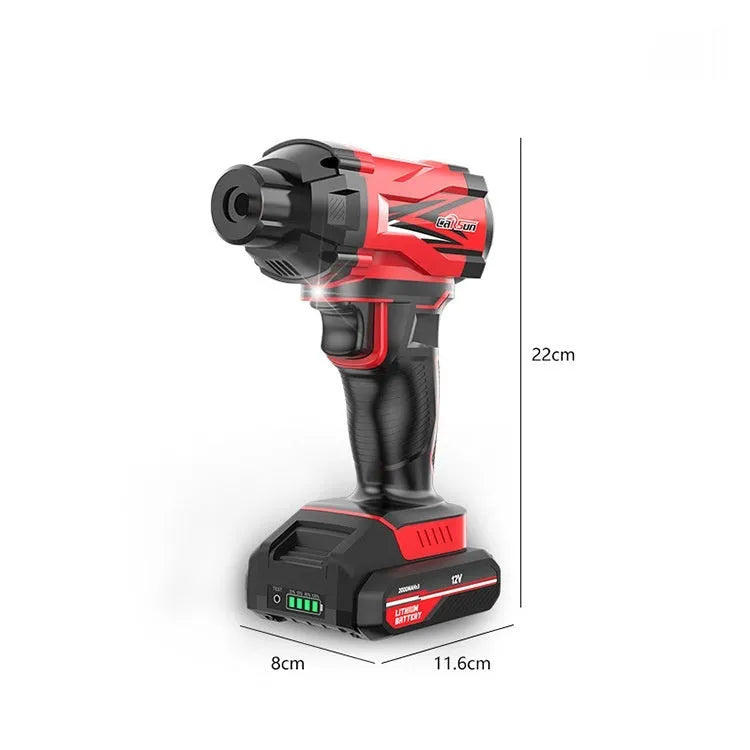 Red and black portable car air pump with wired and wireless operation for tyre inflation