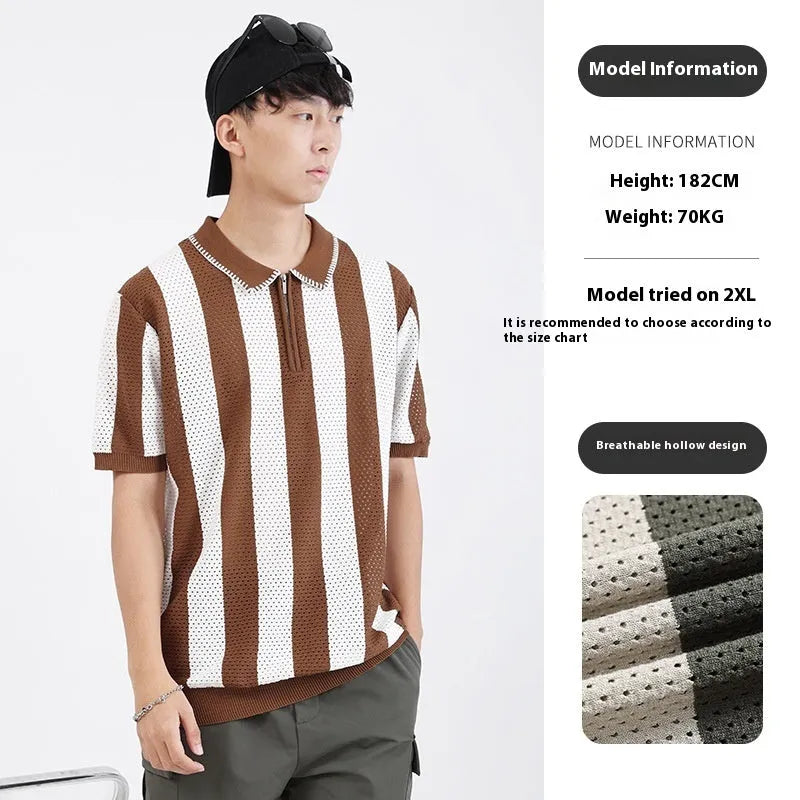 Men's ice silk short sleeve sweater with stripe pattern and zip decoration in multiple colour options