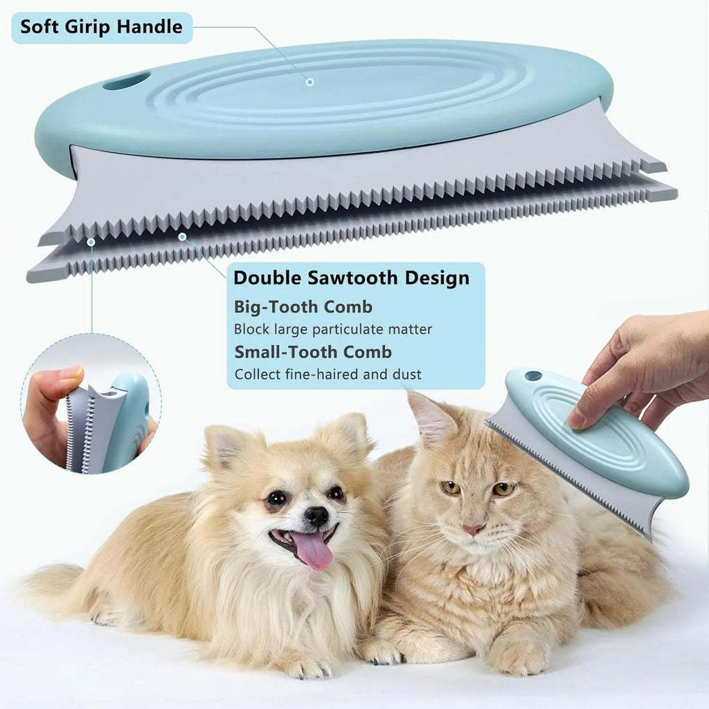 Green 3-piece pet hair remover set with metal scraper, silicone brush, and round plastic cleaner.
