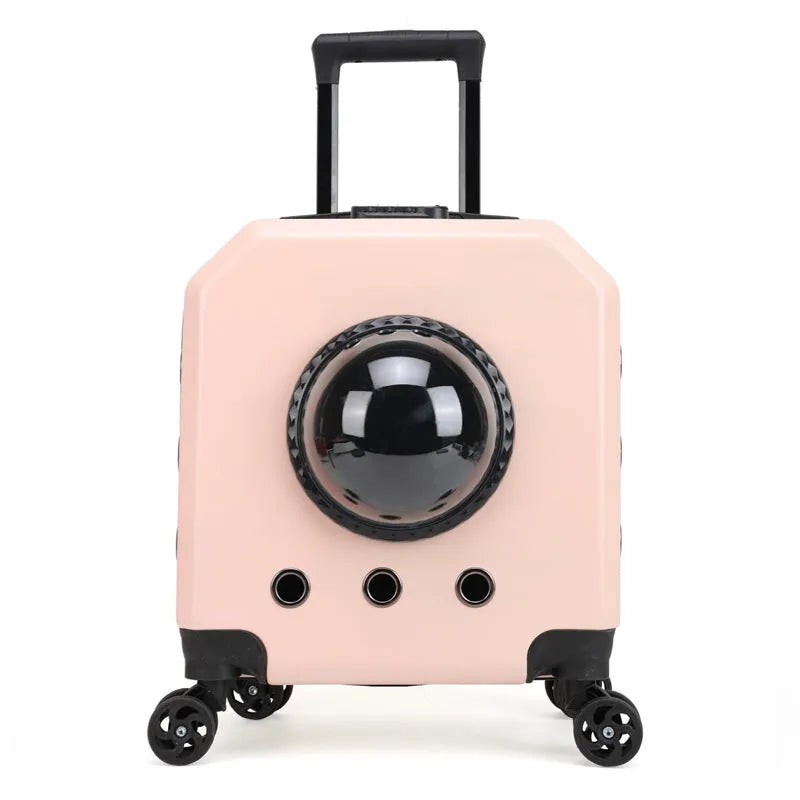 Hard-shell PVC pet trolley case for cats with wheels, shown in one of four colours: orange, pink, white, or burgundy.