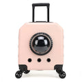Hard-shell PVC pet trolley case for cats with wheels, shown in one of four colours: orange, pink, white, or burgundy.
