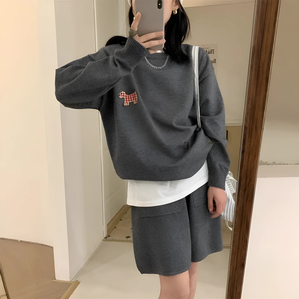 Women's knitted sweater shorts suit with embroidery detail in milk blue colour
