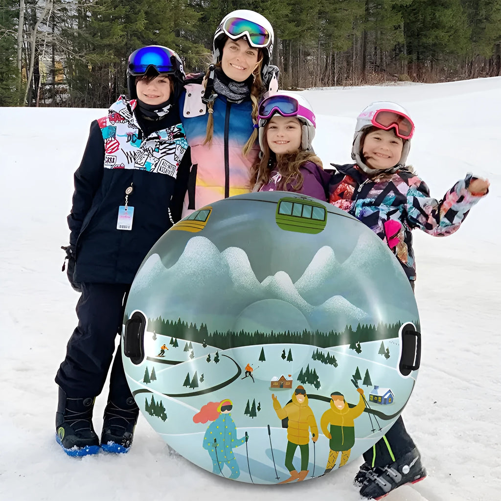 Children's thick PVC skiing ring toy with creative printed design for winter snow play in blue colour