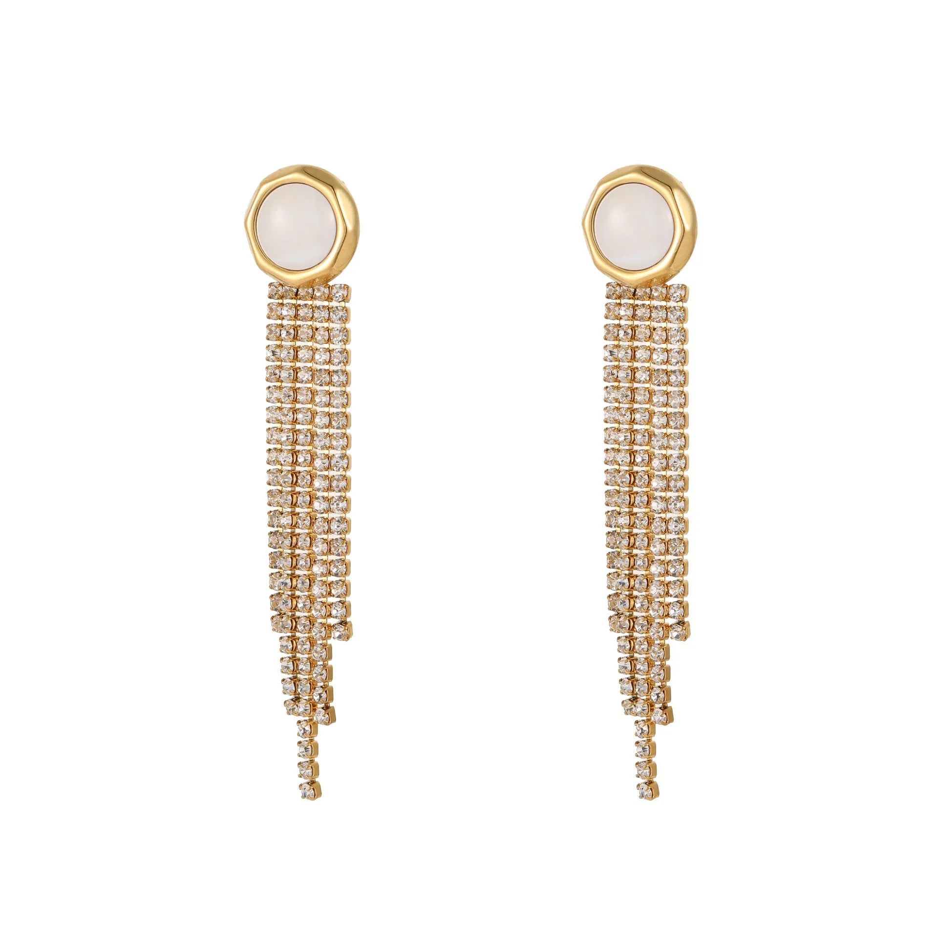 Women's stainless steel drop earrings with heart shape, star charm and diamond tassel detailing in 18K electroplated finish