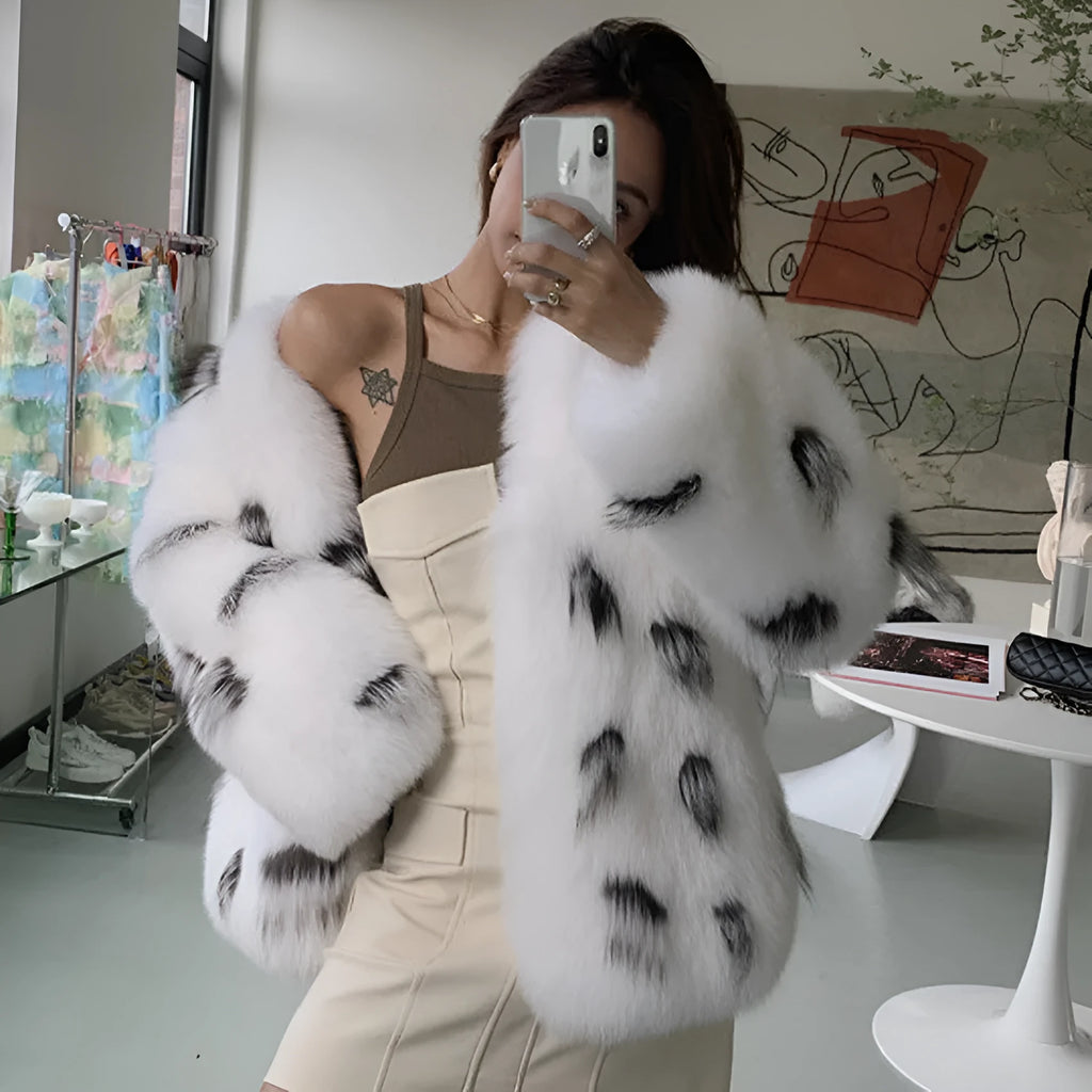 Black and white raccoon pattern faux fur coat for women in a Korean slim fit, plus size.
