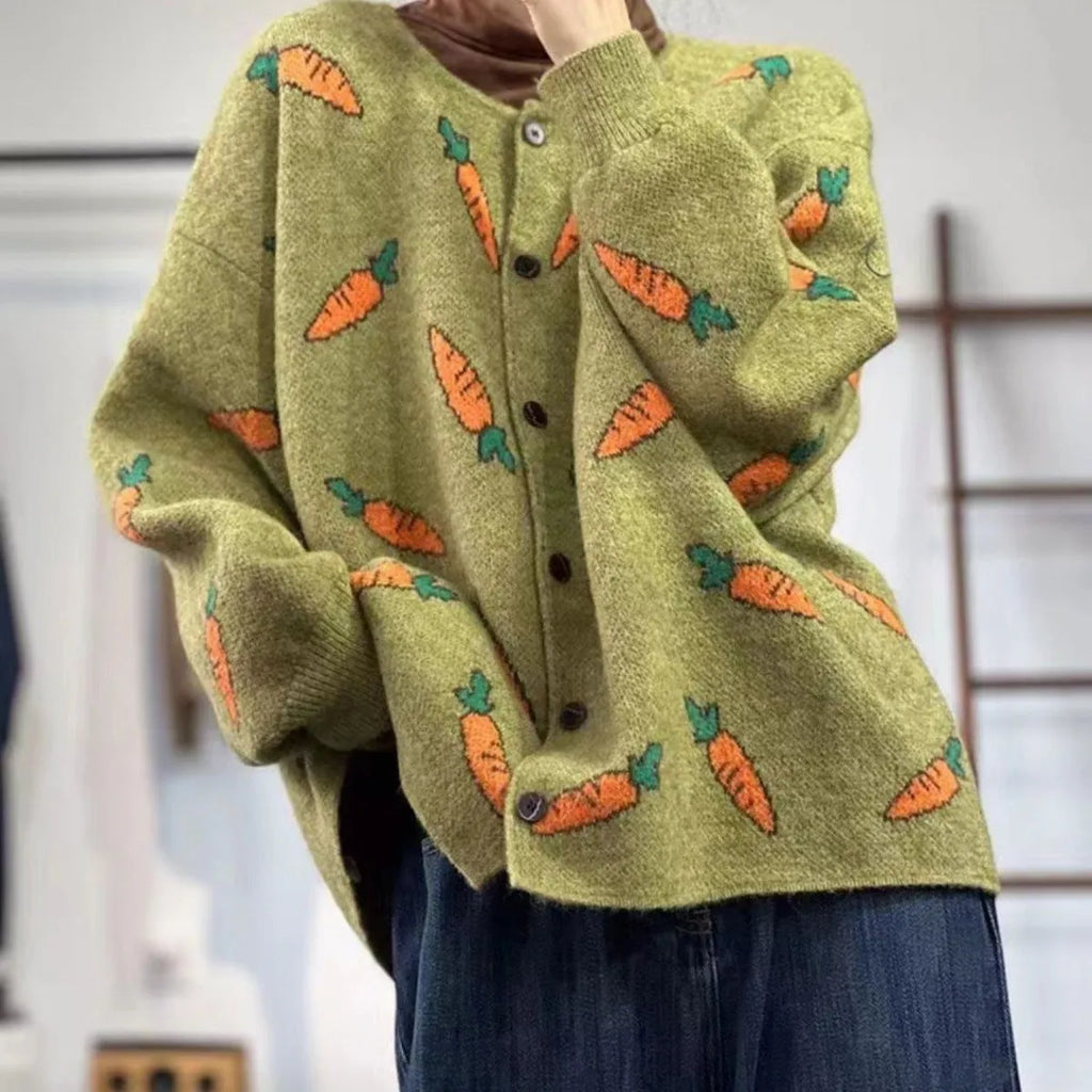 Women's loose fit cardigan with Mori artistic colour contrast print on viscose fabric.