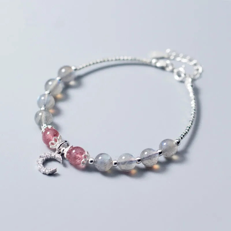 Handmade natural moonstone bracelet with crescent charm on adjustable 16-19cm chain