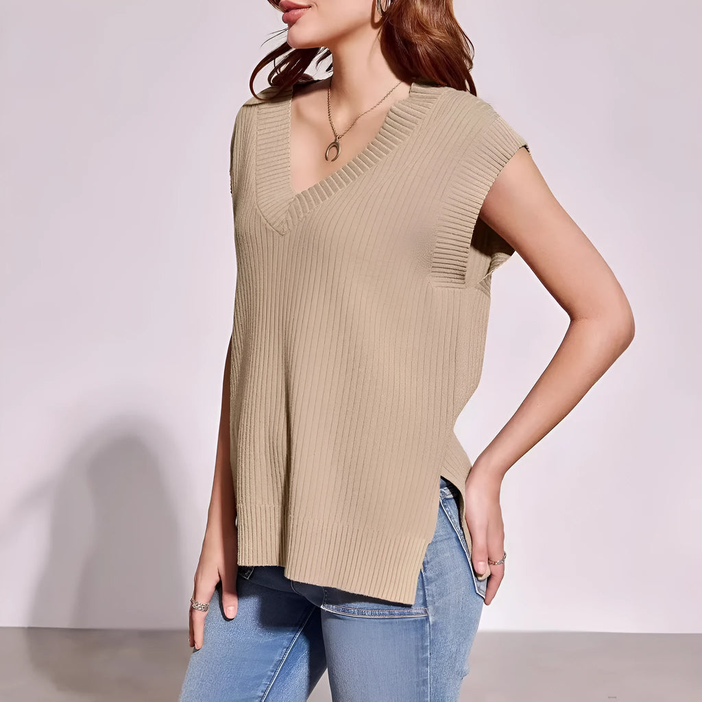 Women's camel coloured V-neck sleeveless pullover vest with loose fit and folding details