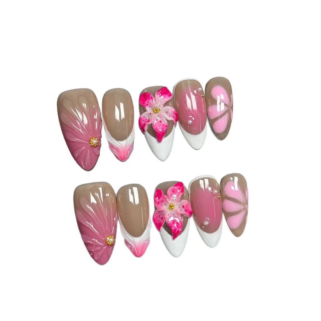 French style lily and fluid ice flower designs on transparent plastic wearable nail armour pieces in four sizes