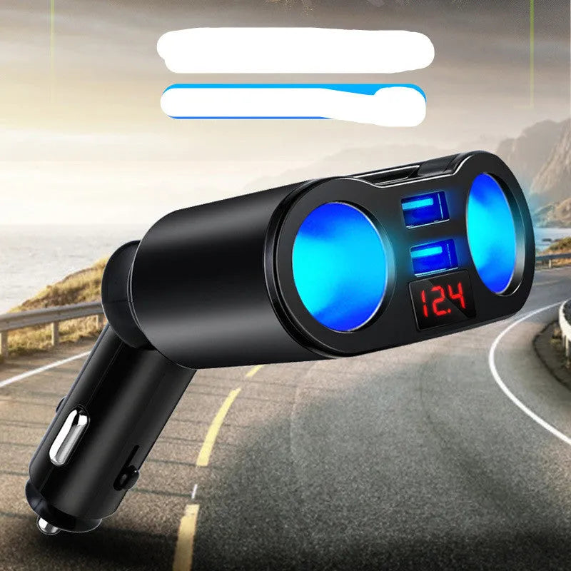 Black car Bluetooth FM transmitter with USB charging port plugged into a vehicle cigarette lighter socket