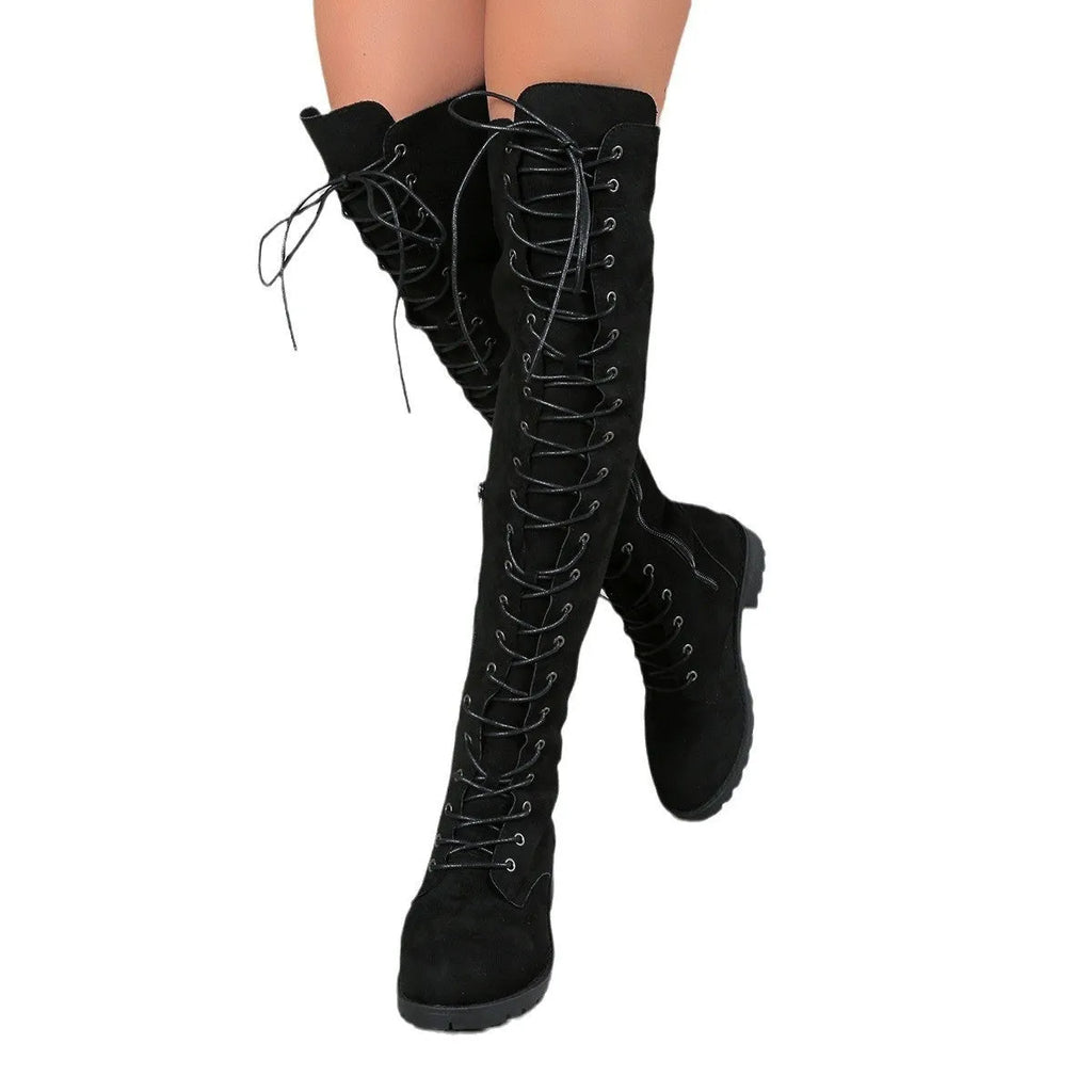Women's black lace-up over the knee boots with round toe and flat rubber sole