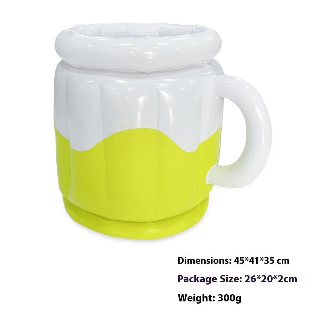 Yellow inflatable PVC ice bucket for drinks, shown deflated and inflated.