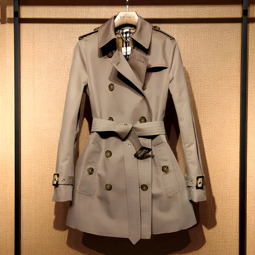 Khaki women's trench coat with double-breasted front and long flight sleeves