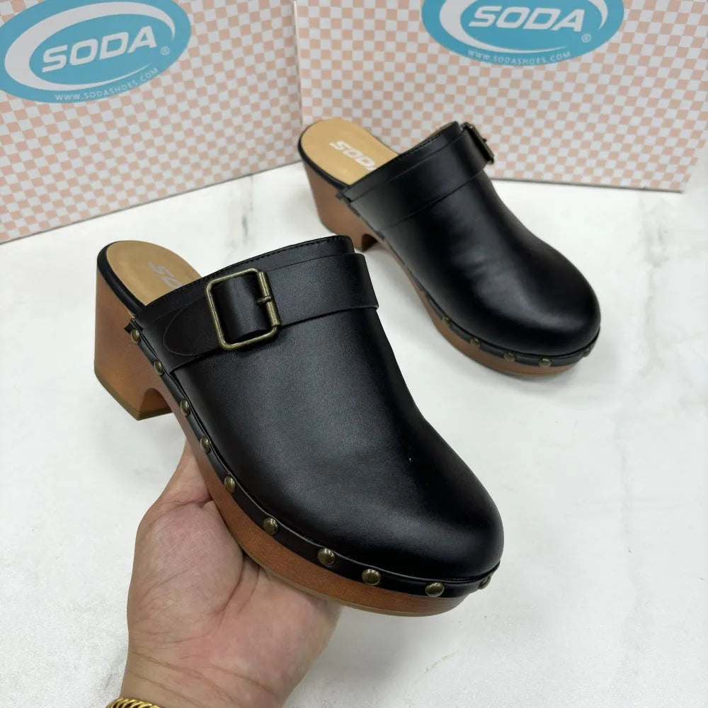Black retro women's slippers with chunky heel, closed toe, and silver rivet details on a microfiber upper.