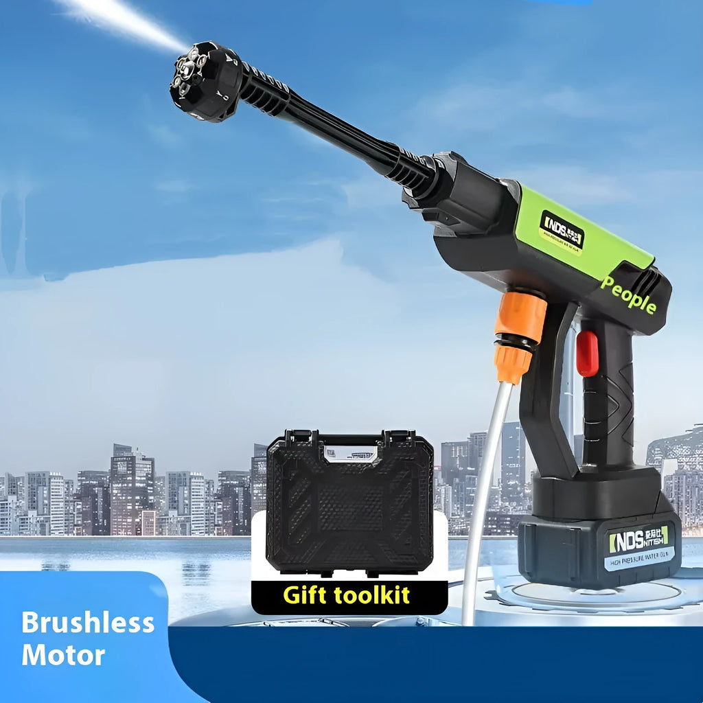 Green wireless high-pressure water gun with multiple attachments including extension rods and six-nozzle head