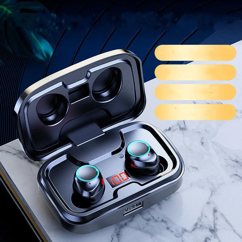 Wireless Bluetooth 5.0 in-ear headphones in black colour showing earplug design