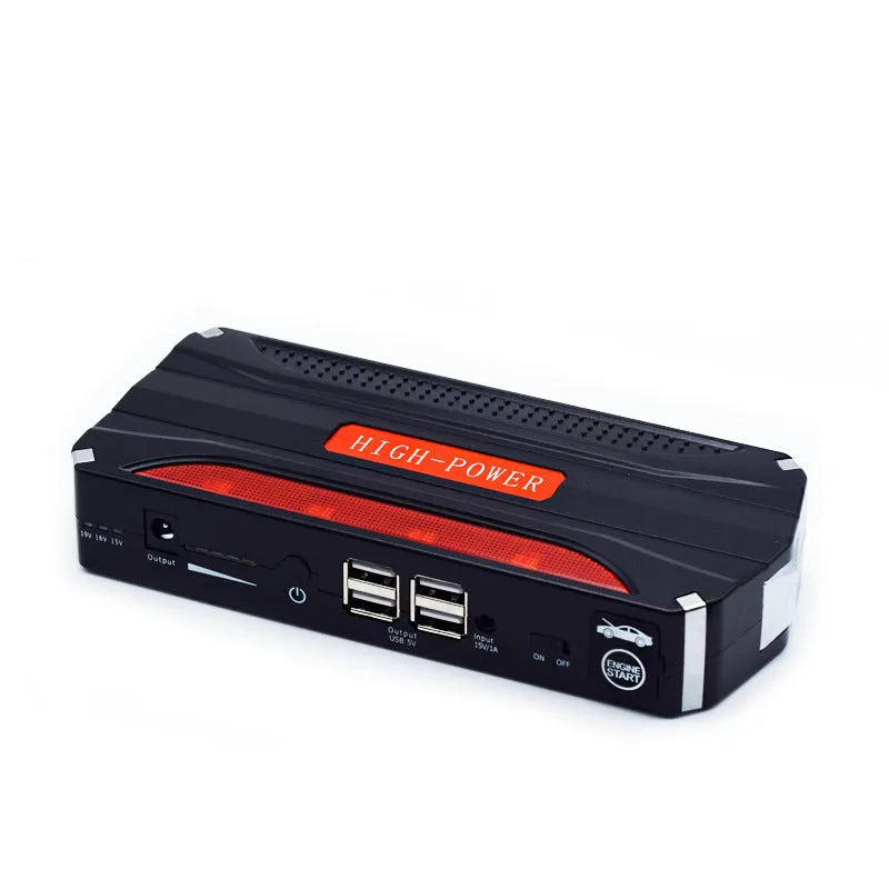 Black-red 12V emergency starting power supply with 7800mAh battery capacity measuring 178mm long