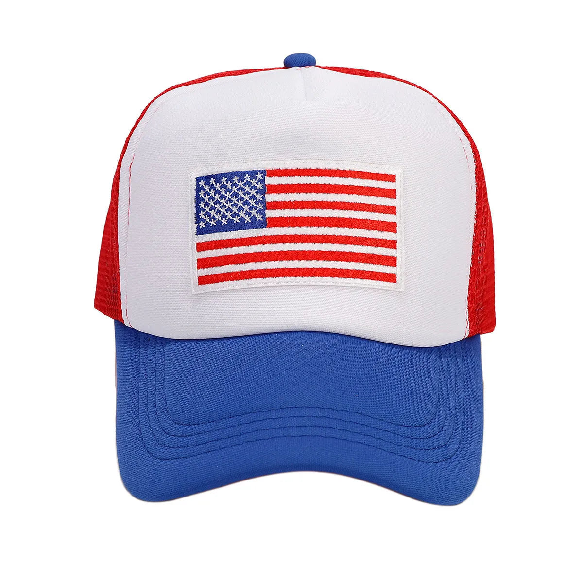 Red and blue contrast baseball cap with dome crown and adjustable strap
