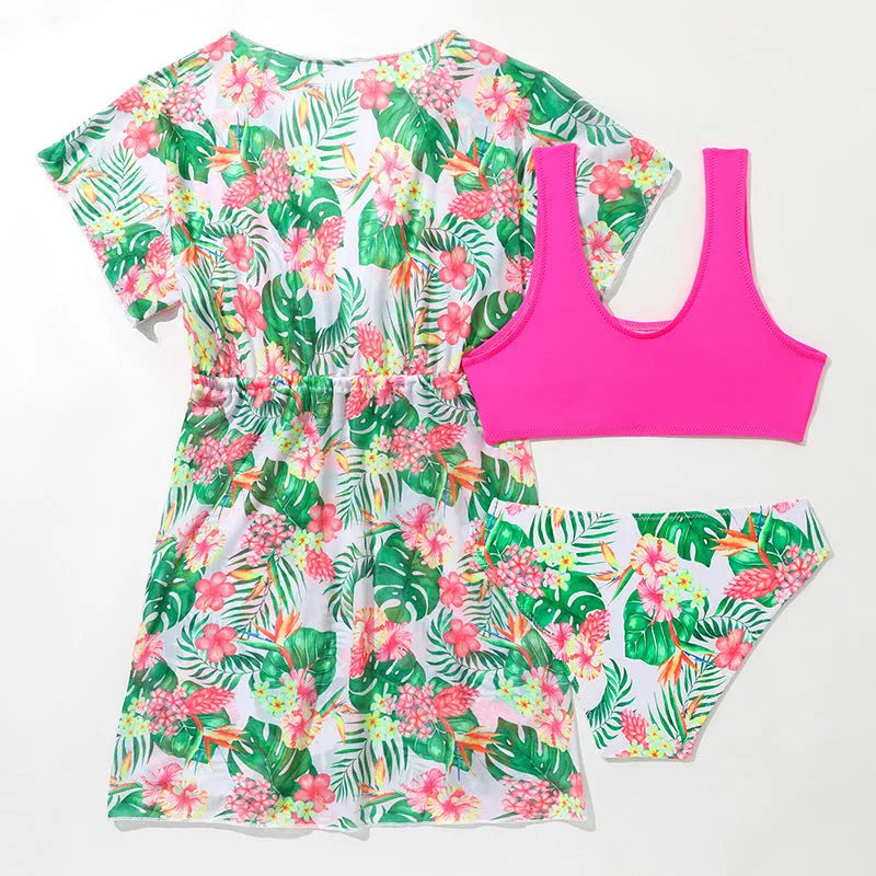 Girls' two-piece swimsuit with Korean floral pattern in high elasticity polyester fabric