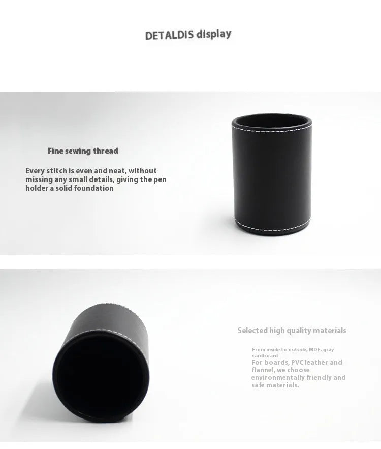 Round black leather pen container 8cm diameter 10.8cm height for office desk