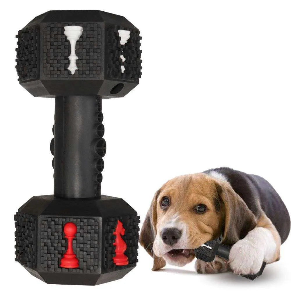 Heavy-duty dog chew toy dumbbell shape with hollow ends for treats in black or blue colour