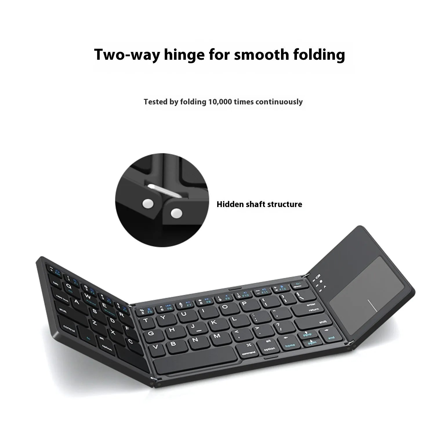 Black mini tri-fold Bluetooth keyboard unfolded next to a tablet, showing its compact size.