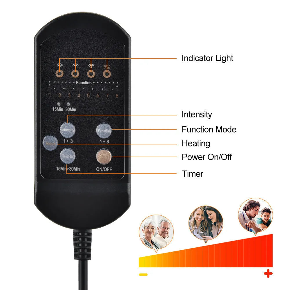 Black electric cervical massager with wireless remote control in OPP bag packaging