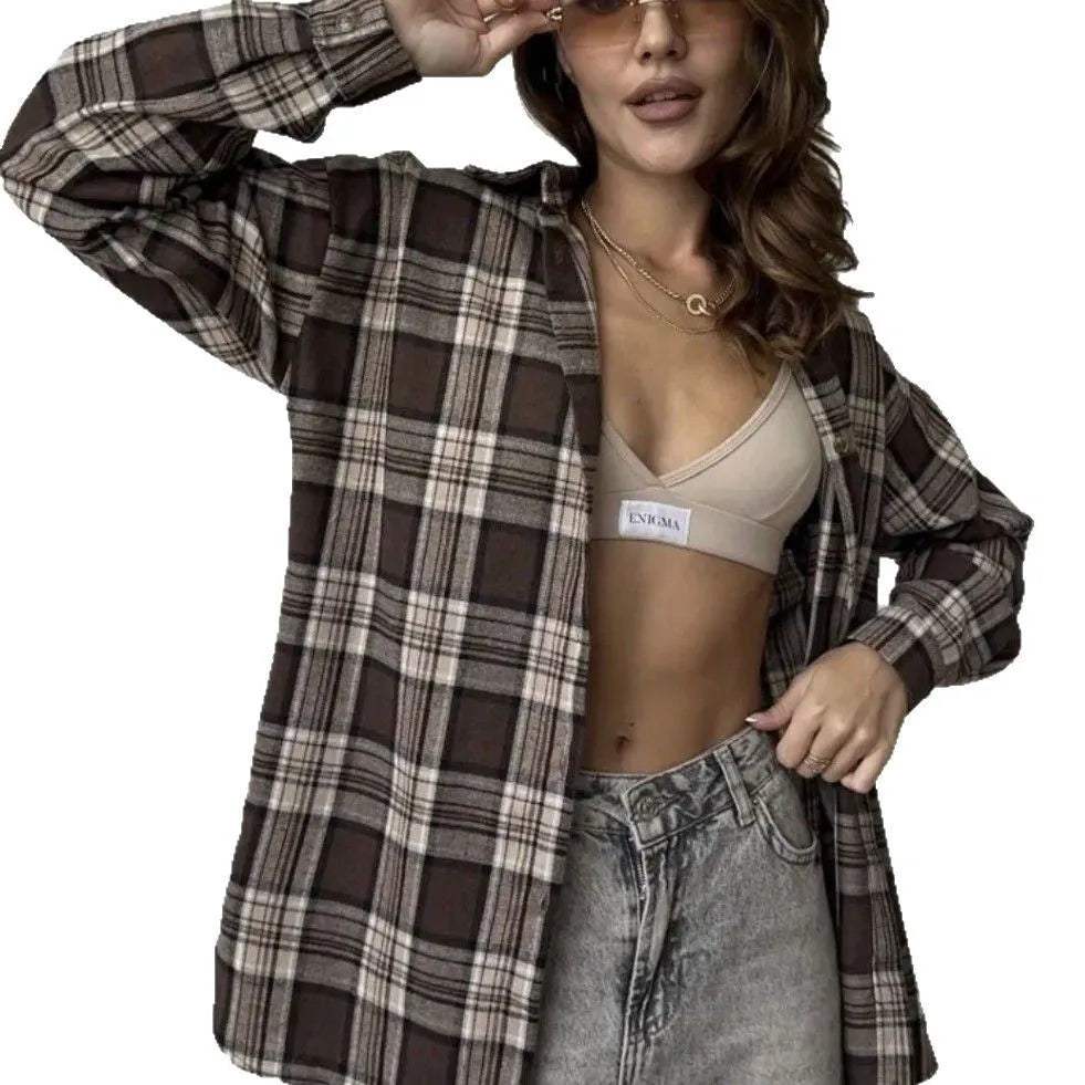 Dark brown striped women's retro shirt with long sleeves and cotton fabric