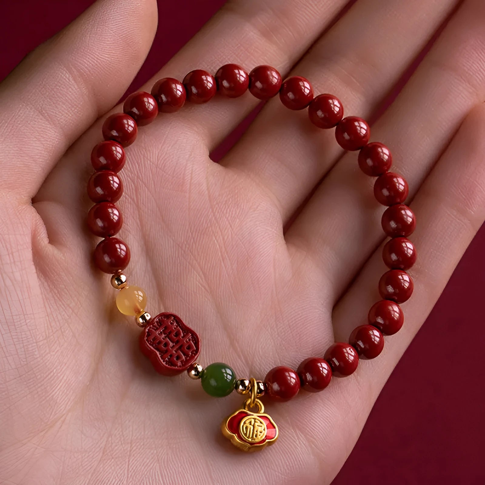 Emperor Sandstone Happy Eyebrow bracelet with Fu charm in New Chinese Style.